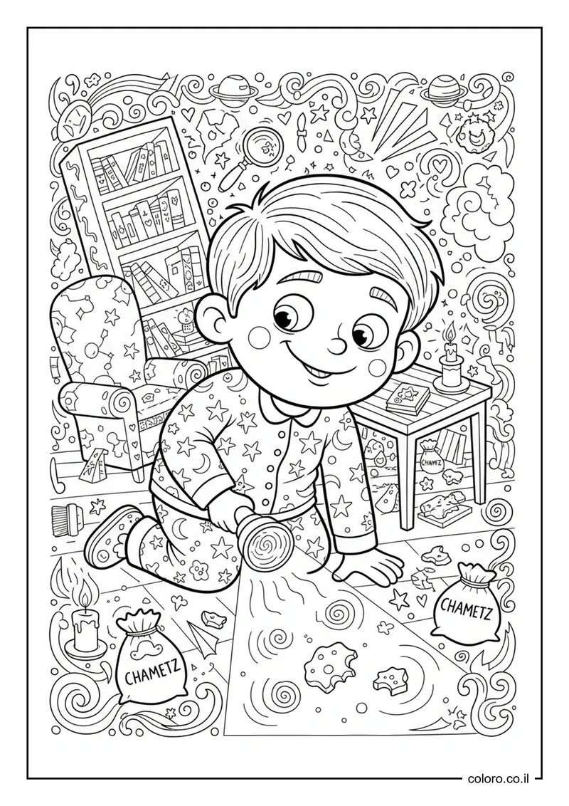 דף צביעה ילד מחפש חמץ עם פנס להדפסה