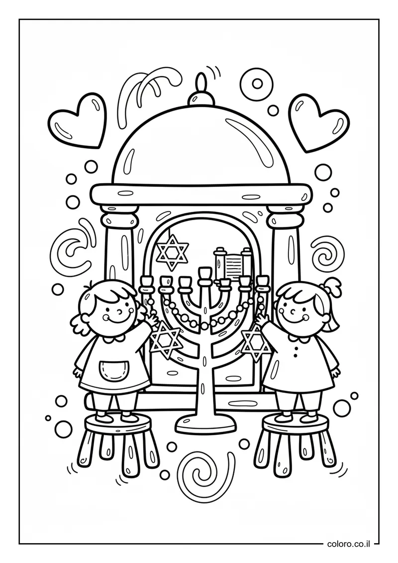 דף צביעה: ילדים מקשטים את בית הכנסת לשבועות להדפסה
