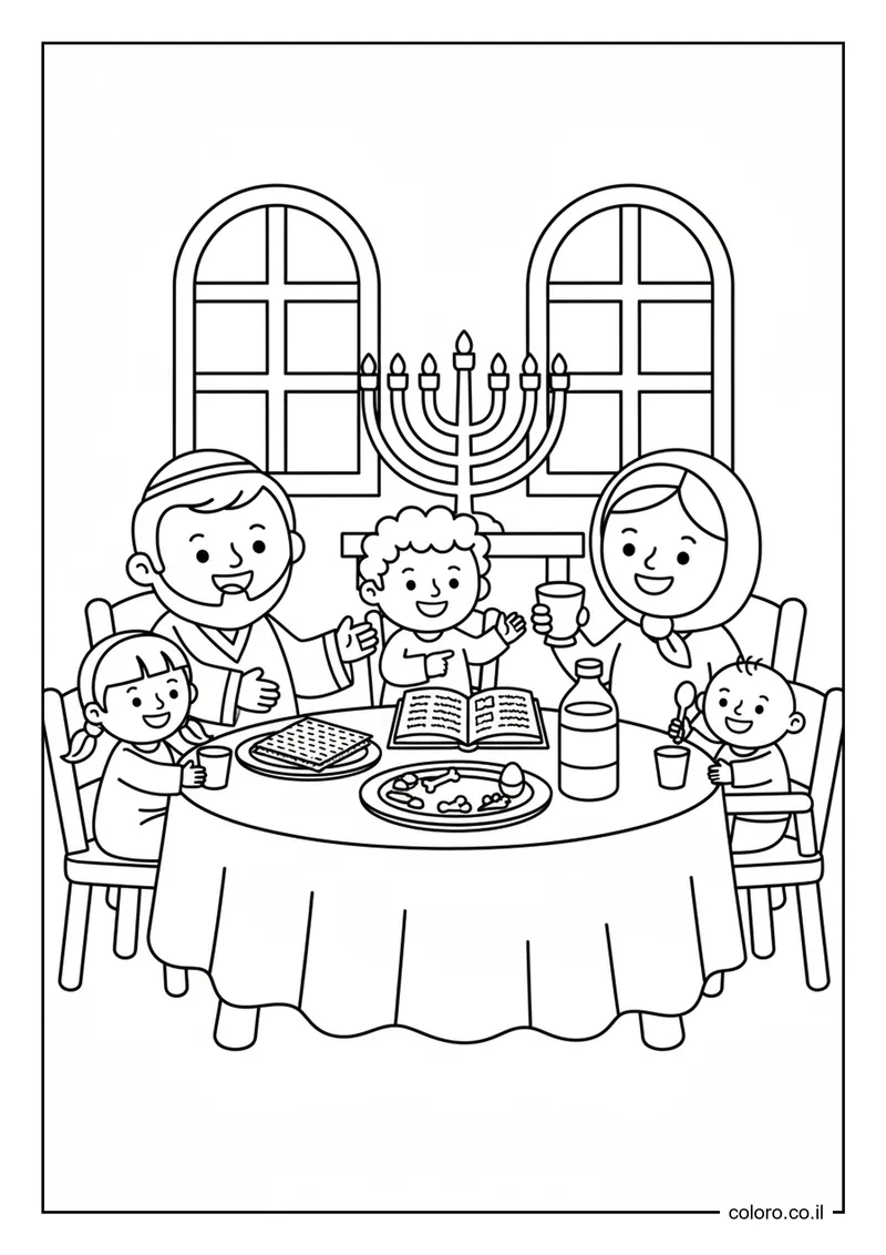 דף צביעה משפחה ליל הסדר להדפסה