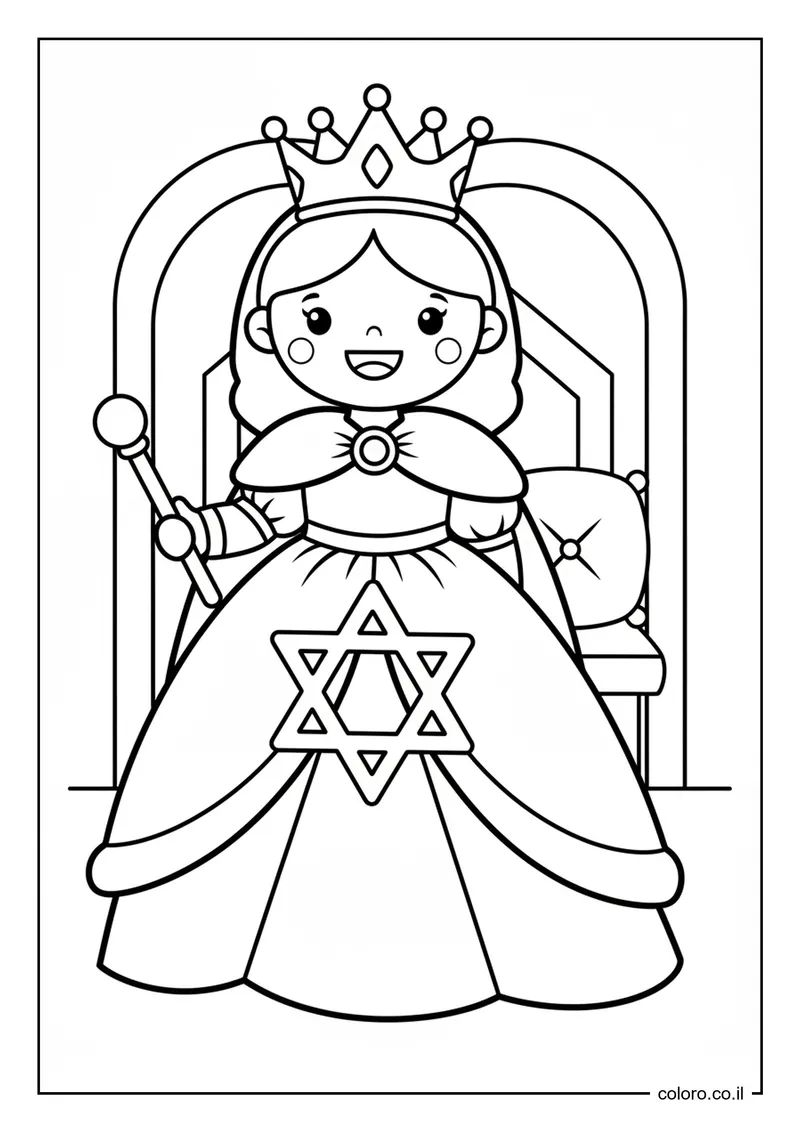 דף צביעה: ילדה מחופשת לאסתר המלכה להדפסה