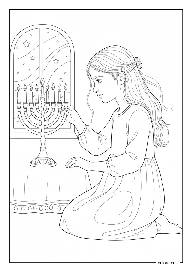 דף צביעה ילדה מדליקה נרות לשבת להדפסה