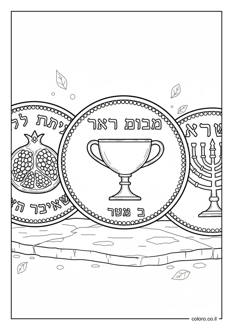 דף צביעה: מטבע חצי שקל עתיק לפורים להדפסה