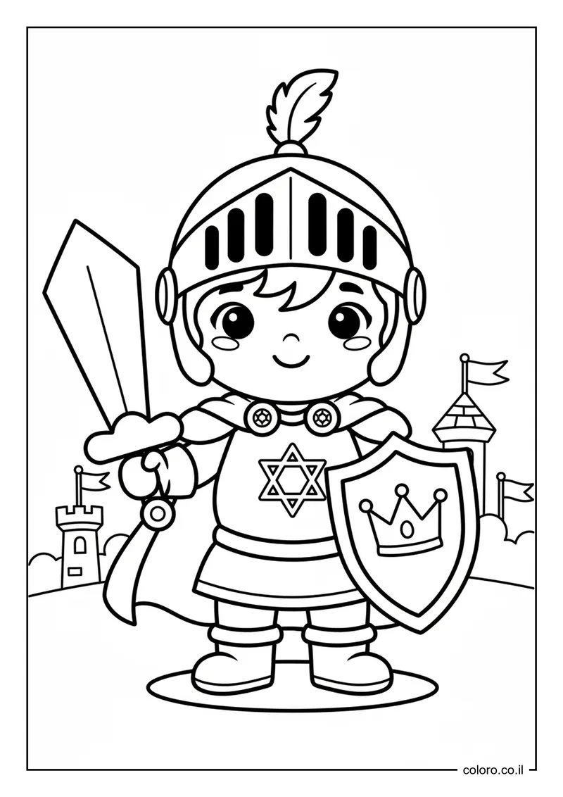 דף צביעה: ילד מחופש לאביר לפורים להדפסה