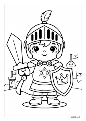 דף צביעה: ילד מחופש לאביר לפורים
