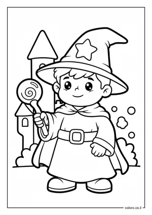 דף צביעה ילד מחופש למכשף עם שרביט