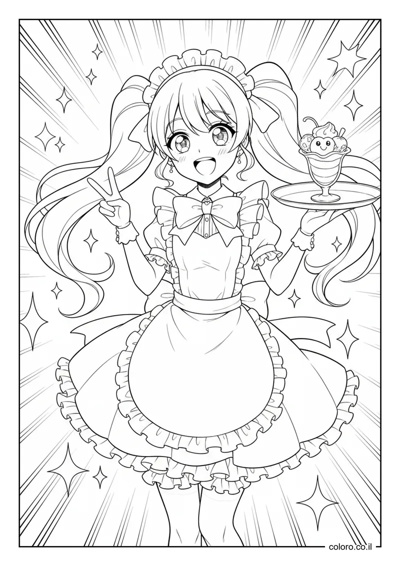 דף צביעה משרתת (Maid Cafe) להדפסה