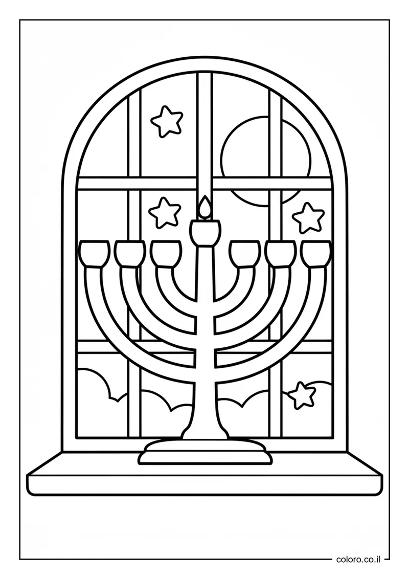 דף צביעה חנוכייה בחלון להדפסה