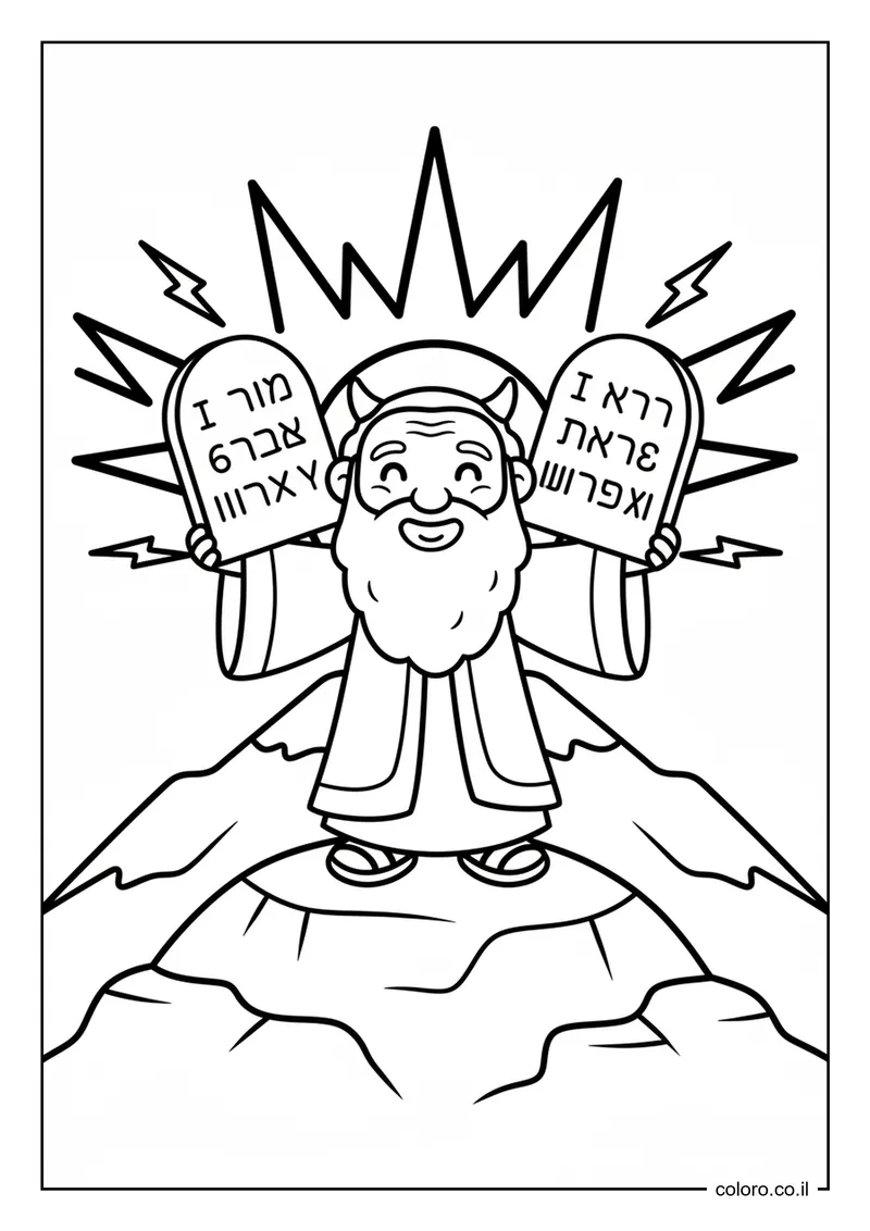 דף צביעה: משה מקבל את לוחות הברית בהר סיני להדפסה