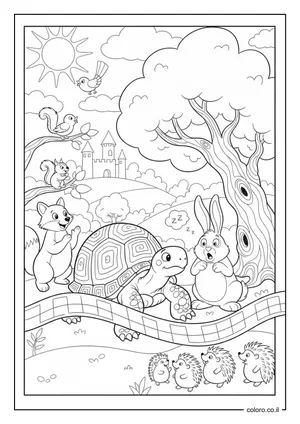 דף צביעה מלך הצב והארנב - הצב מנצח בתחרות